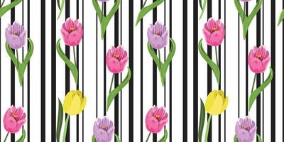 Blumen- nahtlos Muster mit Rosa, lila und Gelb Tulpen und Linien auf das Hintergrund. vektor