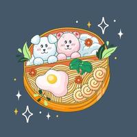 bento låda i söt stil. söt, färgrik illustration. japansk mat i en lunch låda. anime och chibi. vektor. vektor