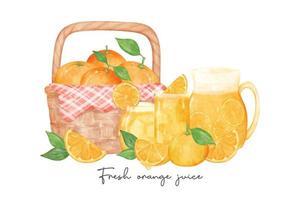 einstellen von frisch hausgemacht Orange Saft mit Früchte Komposition Aquarell Illustration Vektor Banner isoliert auf Weiß Hintergrund.