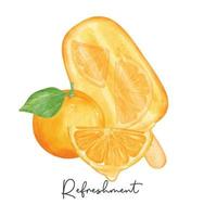 Erfrischung hausgemacht Orange Eis Sahne Eis am Stiel mit Früchte Komposition Aquarell Illustration Vektor Banner isoliert auf Weiß Hintergrund.