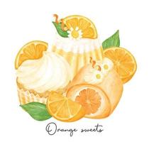Gruppe von hausgemacht Orange Gefallen Süßigkeiten mit Obst Komposition Aquarell Illustration Vektor Banner isoliert auf Weiß Hintergrund.