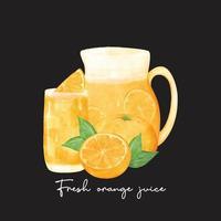 einstellen von frisch hausgemacht Orange Saft im Glas und Krug mit Orange Obst Komposition Aquarell Illustration Vektor isoliert auf schwarz Hintergrund.