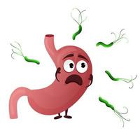 tecknad serie mage karaktär. begrepp rädsla, sjuk inre organ, helicobacter pylori. vektor illustration