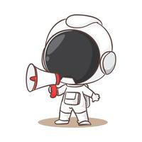 süß Astronaut halten Megaphon Karikatur Charakter. Raum Konzept Design. Hand gezeichnet eben bezaubernd Chibi Vektor Illustration. isoliert Weiß Hintergrund