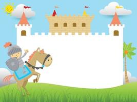 Vektor Karikatur von Karikatur wenig Ritter Reiten Pferd, Märchen Elemente mit Banner