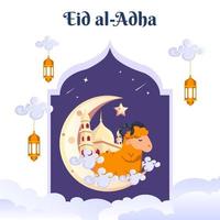 Lycklig muslim familj firar eid al Adha mubarak med en get. platt vektor mall illustration