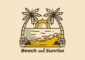 illustration av två kokos träd och stor Sol på de strand vektor