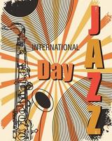 Jahrgang Poster zum International Jazz Tag. Saxophon mit Klavier Schlüssel. retro Poster, Banner, Vektor