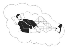 Bra natt sömn bw begrepp vektor fläck illustration. man sovande fredlig på moln 2d tecknad serie platt linje enfärgad karaktär för webb app ui design. mental hälsa redigerbar översikt hjälte bild
