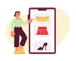 Frauen Kleider online Einkaufen eben Konzept Vektor Stelle Illustration. editierbar 2d Karikatur Charakter auf Weiß zum Netz ui Design. jung Frau Auswahl Outfit auf Handy, Mobiltelefon Telefon kreativ Held Bild