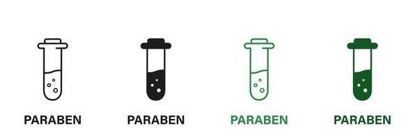 paraben fri med testa rör silhuett och linje ikon uppsättning. förbjuden paraben i mat symbol. säkerhet eco organisk kosmetisk bio produkt. kemisk konserveringsmedel sluta tecken. Nej plast. vektor illustration.