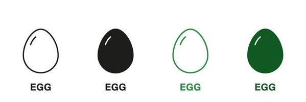Ei Linie und Silhouette Symbol Satz. gesund Frühstück Grün und schwarz Piktogramm. Protein Diät, Eierschale Symbol Sammlung auf Weiß Hintergrund. Ernährung unterzeichnen. isoliert Vektor Illustration.