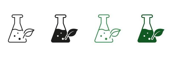 glas flaska med blad silhuett och linje ikon uppsättning. vetenskap kemi naturlig forskning experimentera svart och grön logotyp. bio laboratorium tecken. paraben fri symbol. isolerat vektor illustration.