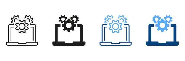 Software Bedienung Symbol Sammlung. die Einstellungen und Aufbau von Laptop Piktogramm. technisch Unterstützung unterzeichnen. Computer System aktualisieren Linie und Silhouette Symbol Satz. Vektor isoliert Illustration.