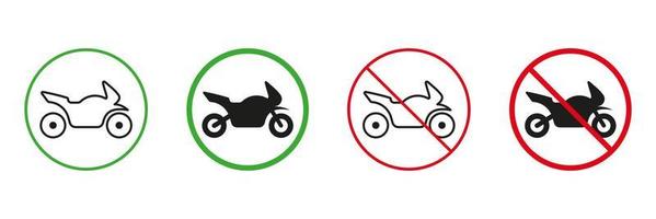 Motorrad rot und Grün Straße Warnung Zeichen. Motorrad Parkplatz erlauben und nicht erlaubt Transport der Verkehr Zeichen. Motor- Fahrrad Linie und Silhouette Beachtung Symbole Satz. isoliert Vektor Illustration.