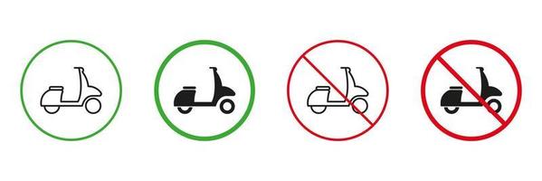 Moped Lieferung rot und Grün Straße Warnung Zeichen. Roller erlauben und nicht erlaubt Transport der Verkehr Zeichen. schnell Motorrad, Motor- Fahrrad Linie und Silhouette Symbole Satz. isoliert Vektor Illustration.