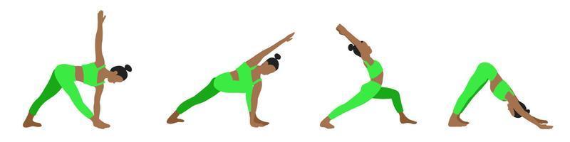 Flexibilität Yoga posiert Sammlung. afrikanisch amerikanisch weiblich, Dame, Frau, Mädchen. Meditation, Pilates, mental Gesundheit, Ausbildung Fitnessstudio. Vektor Illustration im Karikatur eben Stil isoliert auf Weiß Hintergrund.