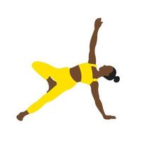 flexibilitet yoga utgör. afrikansk amerikan kvinna, lady, kvinna, flicka med gul Spår kostym. pilates, Träning, kondition, sport. vektor illustration i tecknad serie platt stil isolerat på vit bakgrund.