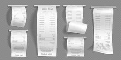 realistisk uppsättning av affär kvitton på grå bakgrund vektor