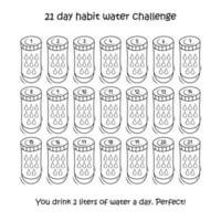 Vektor Vorlage von Wasser Tracker mit Flaschen. 21 Tage Gewohnheit Wasser Herausforderung. Gekritzel druckbar Planer zum gesund Stil von Leben, Trinken Wasser. loben du selber