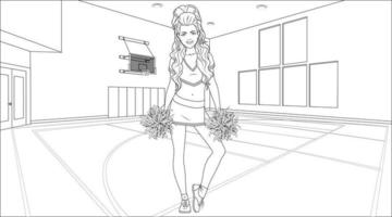 cheerleader färg sida med en skola Gym bakgrund. vektor illustration