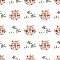 Leopard Gesicht. Rosa Leopard Kopf nahtlos Muster. Safari Tier Hintergrund. süß Baby Tier Stoff, Textil, wild Katze einfach Textur, Kinder Regenbögen. Vektor Illustration. wiederholen Jaguar Gesichter.