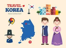 söder korea platt ikoner uppsättning. koreanska traditionell resa Karta och landmärken symboler och objekt vektor