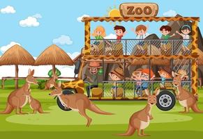 Kinder auf Touristenauto beobachten Känguru-Gruppe in der Zooszene vektor
