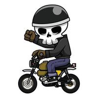 ein Schädel Biker Fahrten seine Motorrad beim hoch Geschwindigkeit während erziehen seine Hände. Schädel Karikatur. vektor