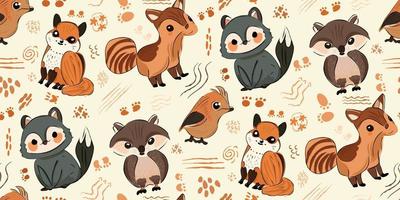 Vektor Illustration von süß Wald Wald Tiere einschließlich ein tragen, Reh, Fuchs, Waschbär, Igel, Eichhörnchen, und Hase nahtlos Muster