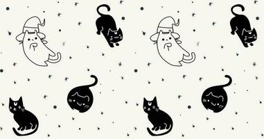 schwarz Katzen mit Hexen Hüte Muster. vektor