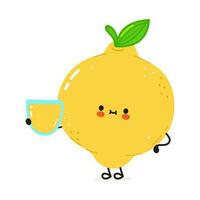 Zitrone mit Glas von Saft. Vektor Hand gezeichnet Karikatur kawaii Charakter Illustration Symbol. isoliert auf Weiß Hintergrund. Zitrone Charakter mit Glas von Saft Konzept