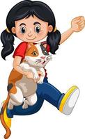 glückliche Mädchenkarikaturfigur, die eine niedliche Katze umarmt vektor