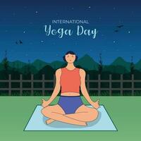 International Yoga Tag Illustration auf Juni 21 mit Frau tun Körper Haltung trainieren oder Meditation eben Illustration vektor