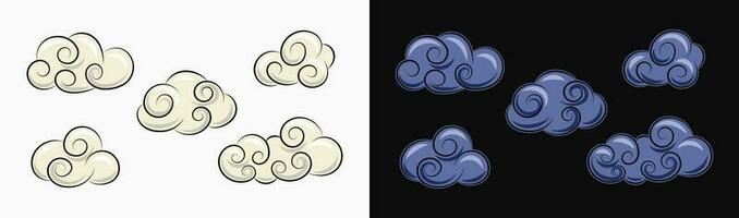 moln uppsättning på vit, svart bakgrund i årgång stil. tecknad serie vit fluffig moln för dag och blå moln för natt. Bra för häftig, hippie, naiv stil, barn design. vektor