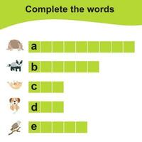 Komplett das Wörter. Tiere Thema Namen Arbeitsblatt mit Antworten Schlüssel. Vektor Illustration.