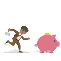 Geschäftsmann afrikanisch wollen zu zerstören ein Schweinchen Bank Design Charakter auf Weiß Hintergrund vektor