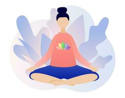 Meditation Konzept. winzig Frau Sitzung im Lotus Pose. Yoga online, entspannen, Erholung, gesund Lebensstil. modern eben Karikatur Stil. Vektor Illustration auf Weiß Hintergrund