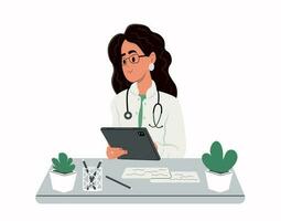 uppkopplad medicinsk samråd på en digital läsplatta. leende kvinna läkare bär vit enhetlig innehav läsplatta st. vektor