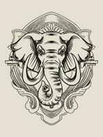 illustration elefant huvud med gravyr prydnad vektor