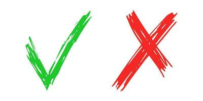 Hand gezeichnet prüfen und Kreuz Zeichen Elemente isoliert auf Weiß Hintergrund. Grunge Gekritzel Grün Häkchen in Ordnung und rot x Symbole. Vektor Illustration