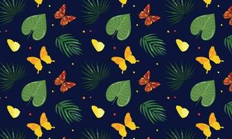 dunkel Hintergrund mit tropisch Blätter und hell Schmetterlinge vektor