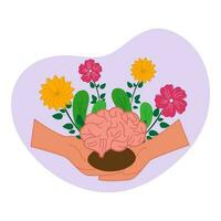 Illustration von Mensch Hände halten Gehirn mit Blumen- gegen violett und Weiß Hintergrund zum mental Gesundheitswesen Konzept. vektor