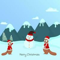 glad jul affisch design med tecknad serie snögubbe, rolig ekorre innehav snöbollar på blå och cyan berg bakgrund. vektor