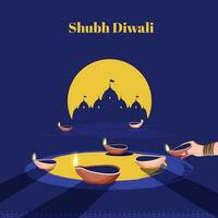 glücklich Diwali Poster Design mit Öl Lampen Verbrennung von Hand von weiblich, Silhouette Tempel oder ayodhya Aussicht auf Blau und Gelb Hintergrund. vektor