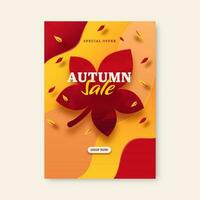 Herbst Verkauf Flyer Design mit Blätter dekoriert auf rot und Orange Hintergrund. vektor