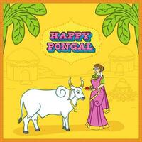 3d Lycklig pongal font och tecknad serie söder indisk kvinna tillbe tjur mot gul bakgrund. vektor