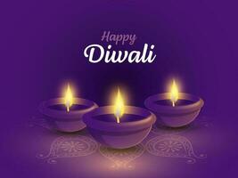 Lycklig diwali firande begrepp med upplyst realistisk olja lampor på lila rangoli bakgrund. vektor