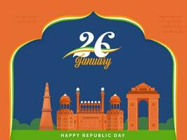 26 januari font med Indien känd monument på blå och orange bakgrund för Lycklig republik dag begrepp. vektor