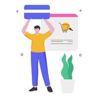 online Einkaufen und Zahlung Konzept mit gesichtslos Mann Stehen und Pflanze Topf auf Weiß Hintergrund. vektor